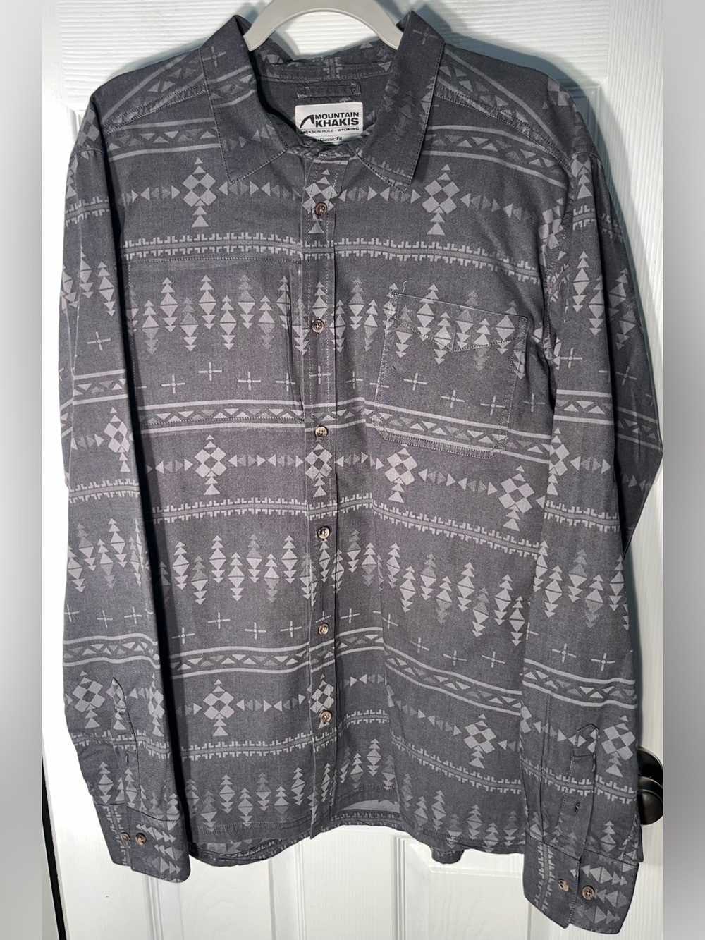 Mountain Khakis Gray Aztec Stash Shirt Long Sleeve Button XL Men’s 100% Cotton